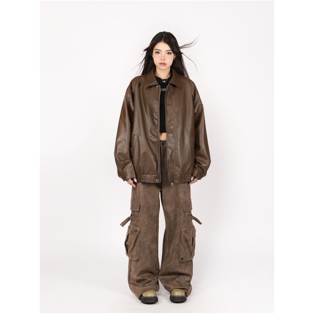 BIGGOLD Brown Leather Jacket Women s Autumn Cotton Jacket with Cotton Clip Motorcycle Collar American Retro PU Couple Jacket image 4