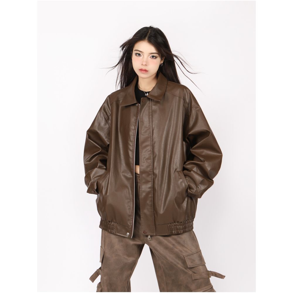 BIGGOLD Brown Leather Jacket Women s Autumn Cotton Jacket with Cotton Clip Motorcycle Collar American Retro PU Couple Jacket image 29