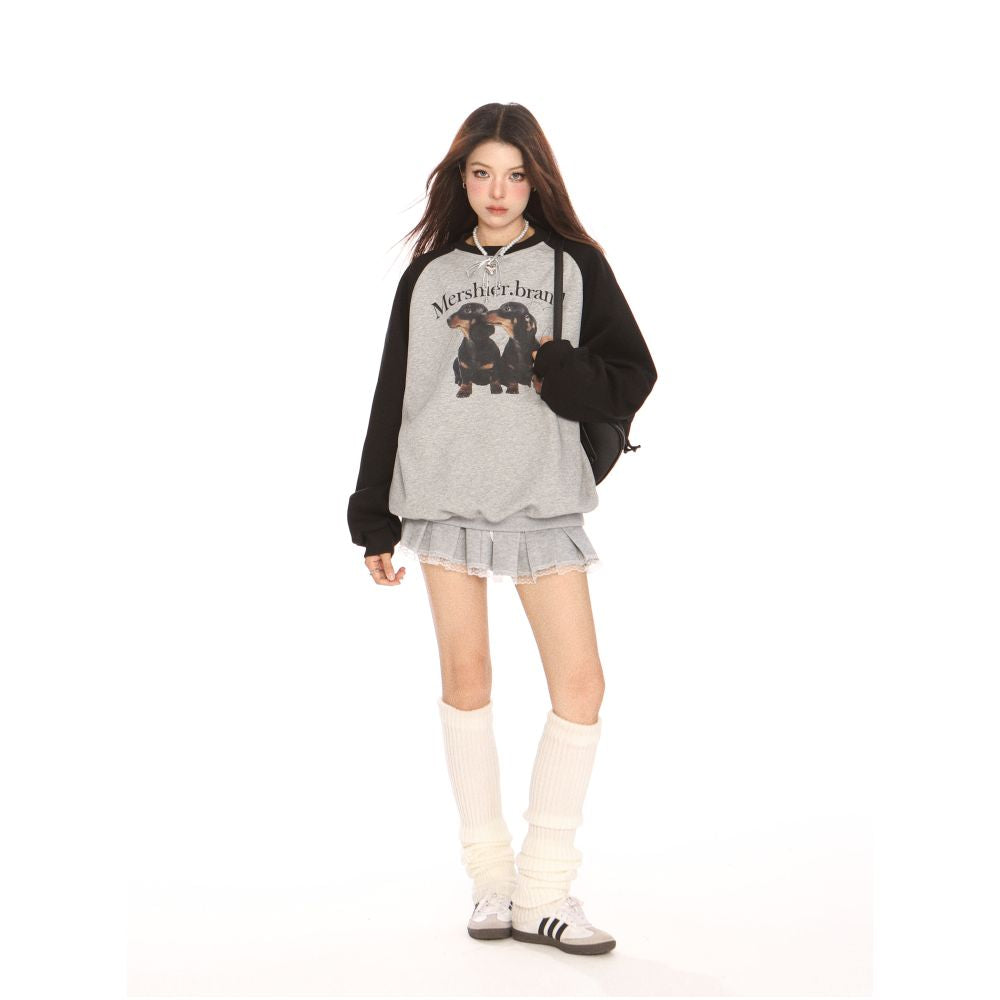 BIGGOLD American retro contrasting color puppy raglan sleeve round neck hoodie for women in autumn and winter design sense couple s top trend image 4