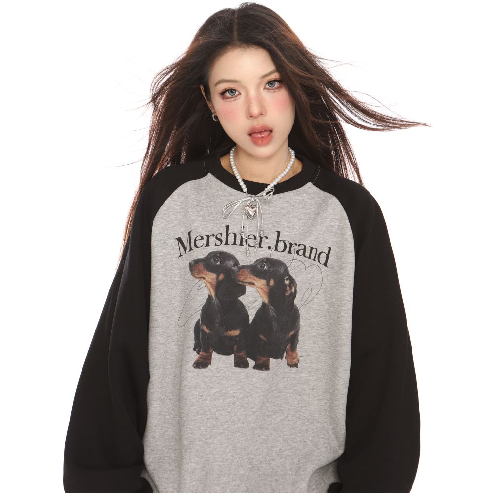 BIGGOLD American retro contrasting color puppy raglan sleeve round neck hoodie for women in autumn and winter design sense couple s top trend image 0