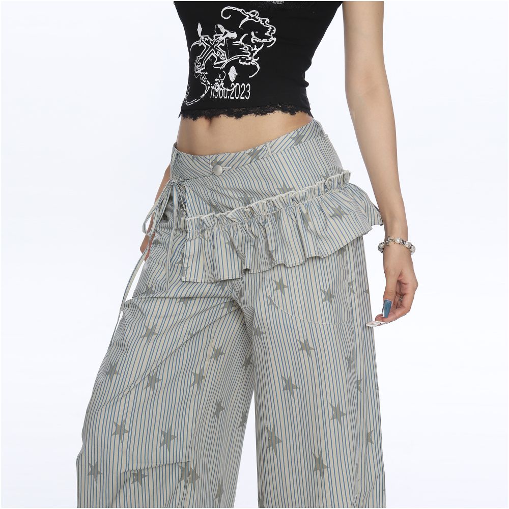75 off NEW American striped star full print work pants for women s summer casual pleated wide leg mop pants with fart curtain image 3