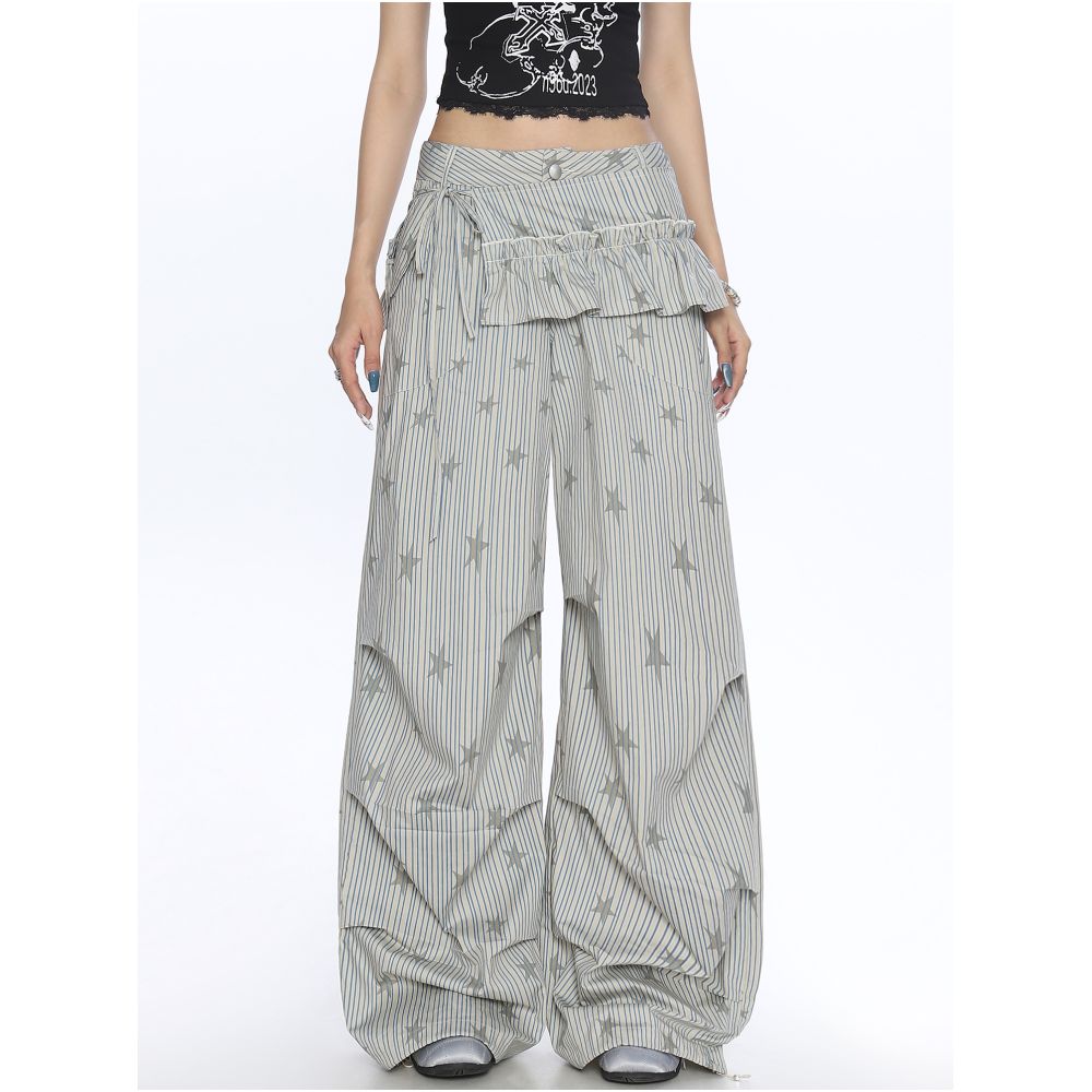 75 off NEW American striped star full print work pants for women s summer casual pleated wide leg mop pants with fart curtain image 6