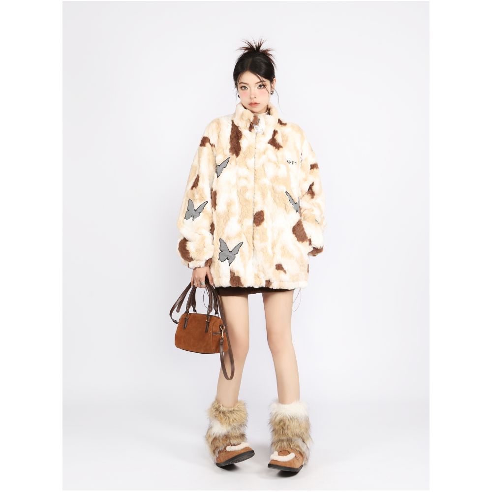 BIGGOLD American tie dye reflective butterfly lamb wool women s winter niche design cotton jacket thick cotton coat image 4