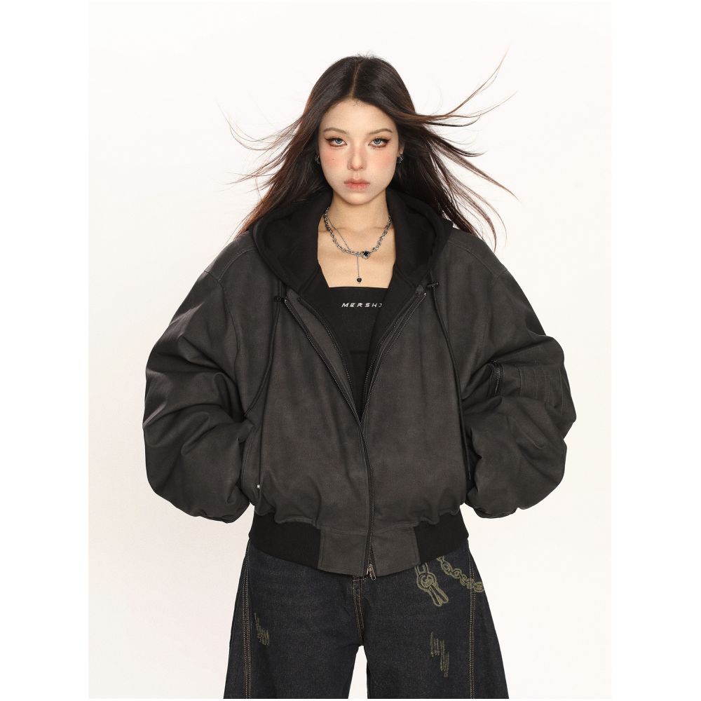 Heavy duty double layer hooded leather jacket autumn and winter cotton jacket women s fake two piece design vintage craftsmanship zipper pocket street style image 1