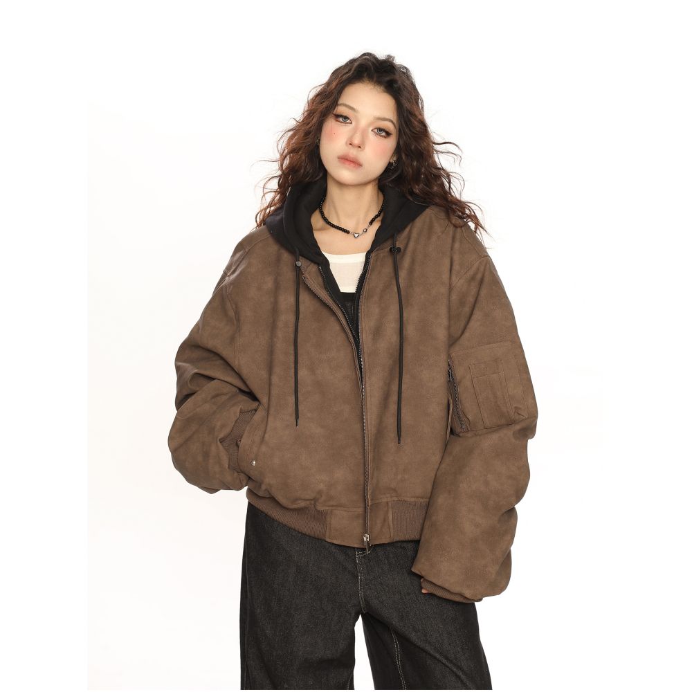 Heavy duty double layer hooded leather jacket autumn and winter cotton jacket women s fake two piece design vintage craftsmanship zipper pocket street style image 2