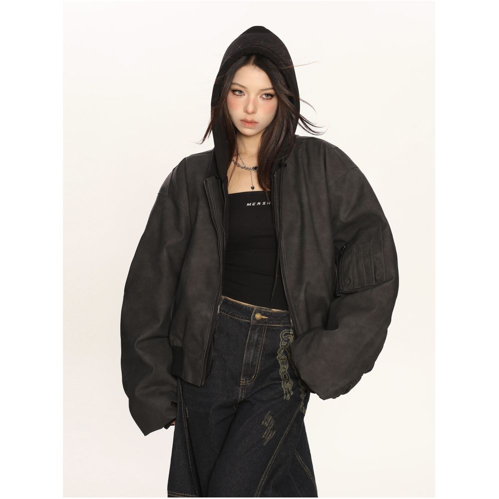 Heavy duty double layer hooded leather jacket autumn and winter cotton jacket women s fake two piece design vintage craftsmanship zipper pocket street style image 3