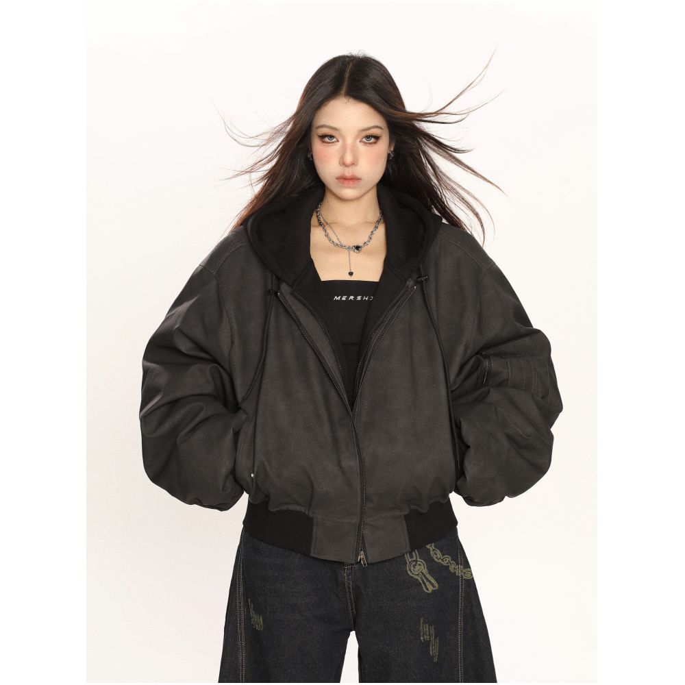 Heavy duty double layer hooded leather jacket autumn and winter cotton jacket women s fake two piece design vintage craftsmanship zipper pocket street style image 14