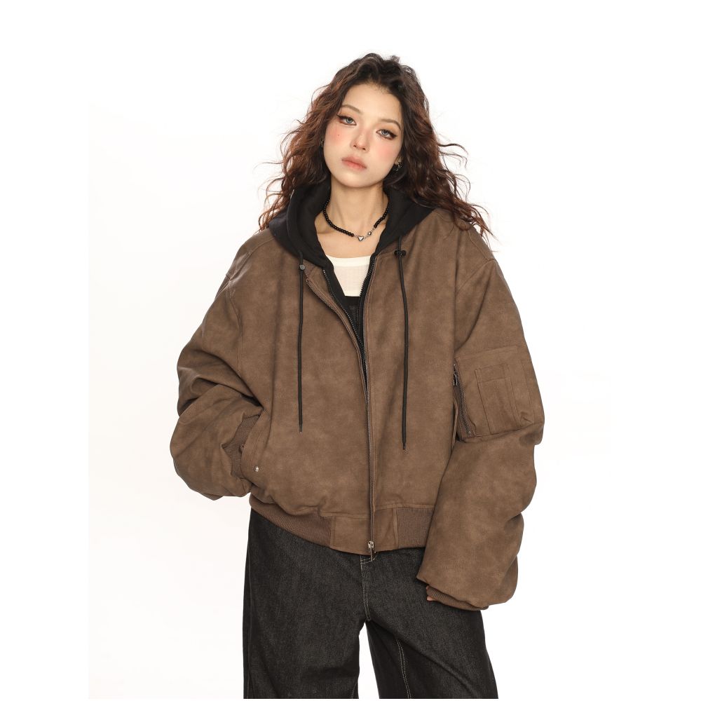 Heavy duty double layer hooded leather jacket autumn and winter cotton jacket women s fake two piece design vintage craftsmanship zipper pocket street style image 15