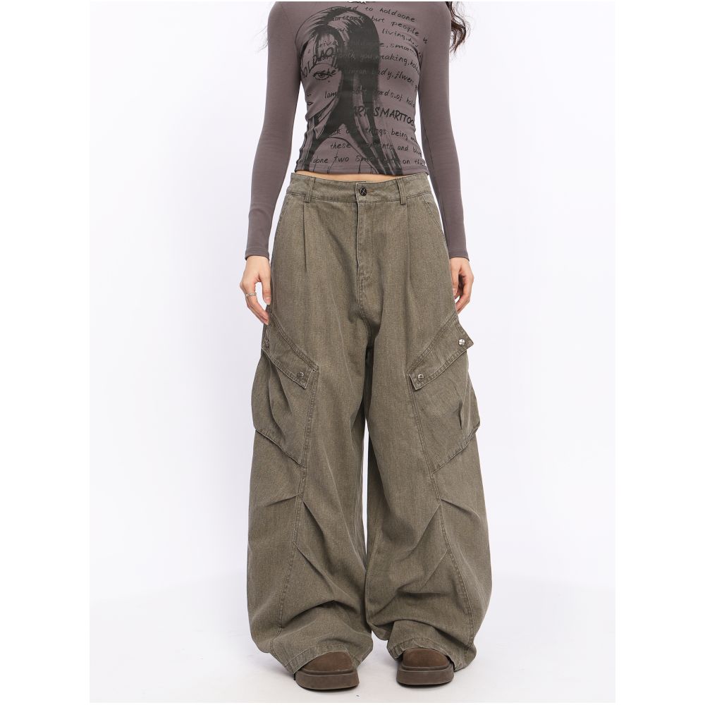 BIGGOLD American retro washed pleated large pocket jeans women s street dance hip hop wide leg workwear mopping pants image 3