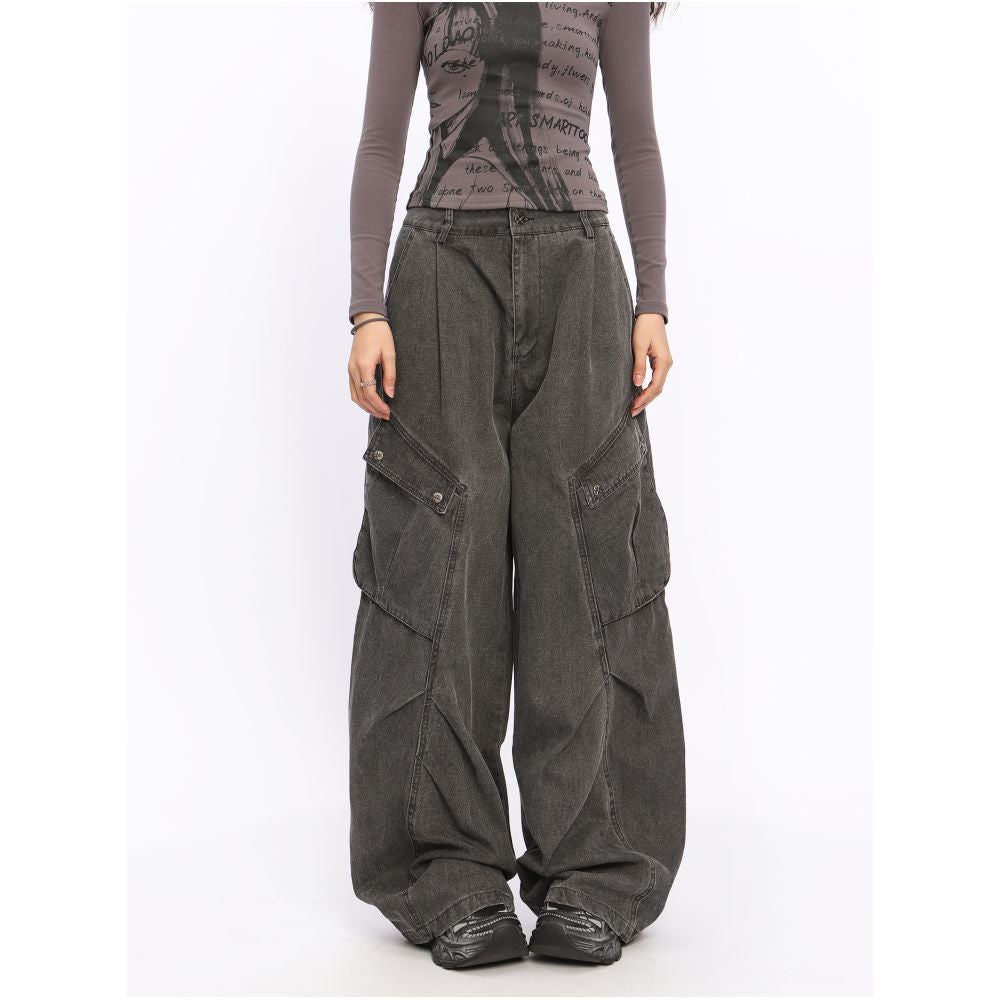 BIGGOLD American retro washed pleated large pocket jeans women s street dance hip hop wide leg workwear mopping pants image 5