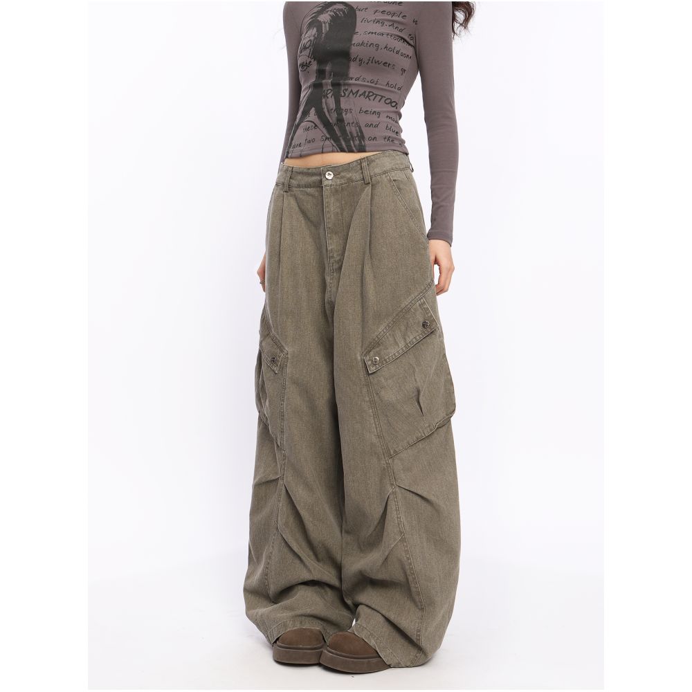 BIGGOLD American retro washed pleated large pocket jeans women s street dance hip hop wide leg workwear mopping pants image 10