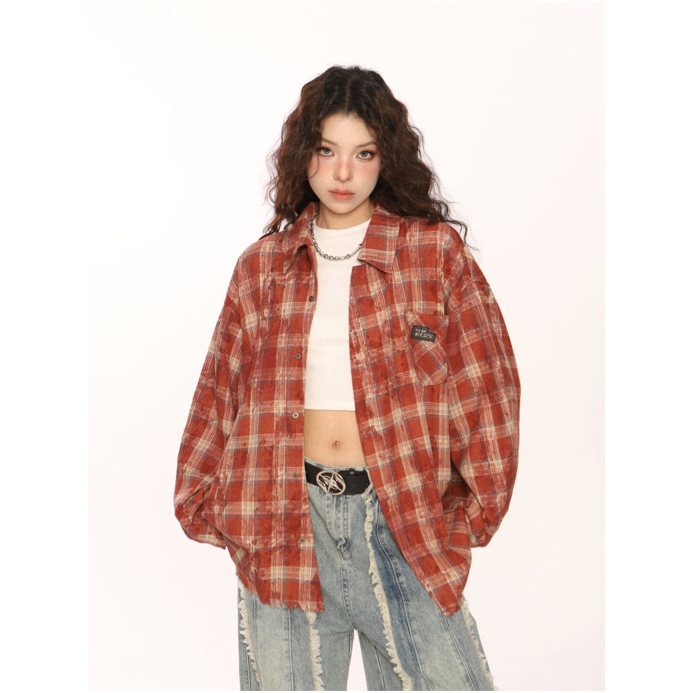 BIGGOLD American retro checkered distressed edge shirt for men and women spring and autumn long sleeved casual couple shirt jacket image 2