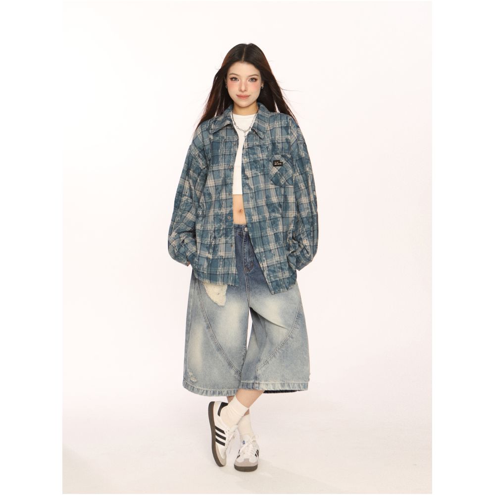 BIGGOLD American retro checkered distressed edge shirt for men and women spring and autumn long sleeved casual couple shirt jacket image 3