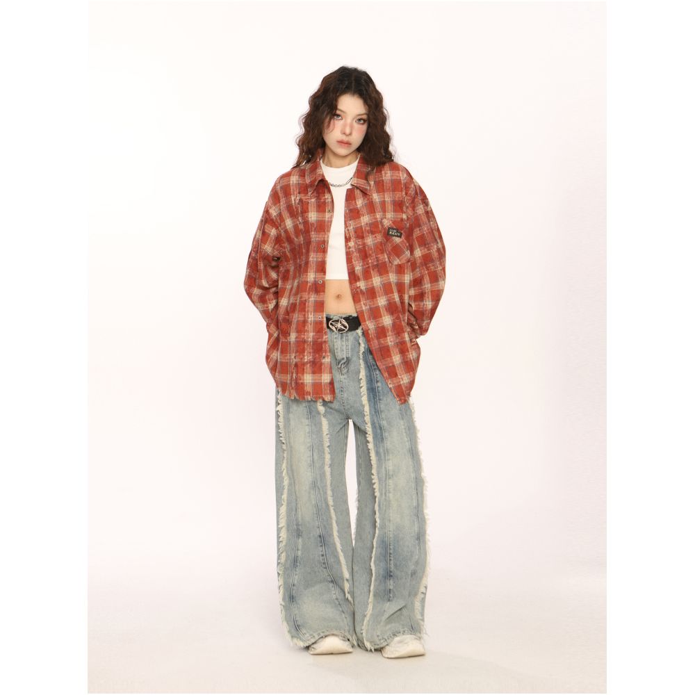 BIGGOLD American retro checkered distressed edge shirt for men and women spring and autumn long sleeved casual couple shirt jacket image 4