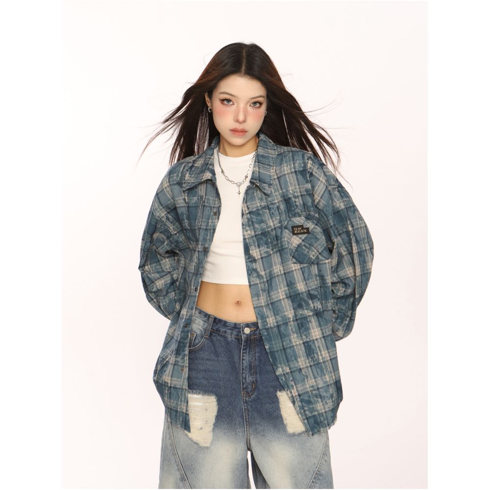 BIGGOLD American retro checkered distressed edge shirt for men and women spring and autumn long sleeved casual couple shirt jacket image 7