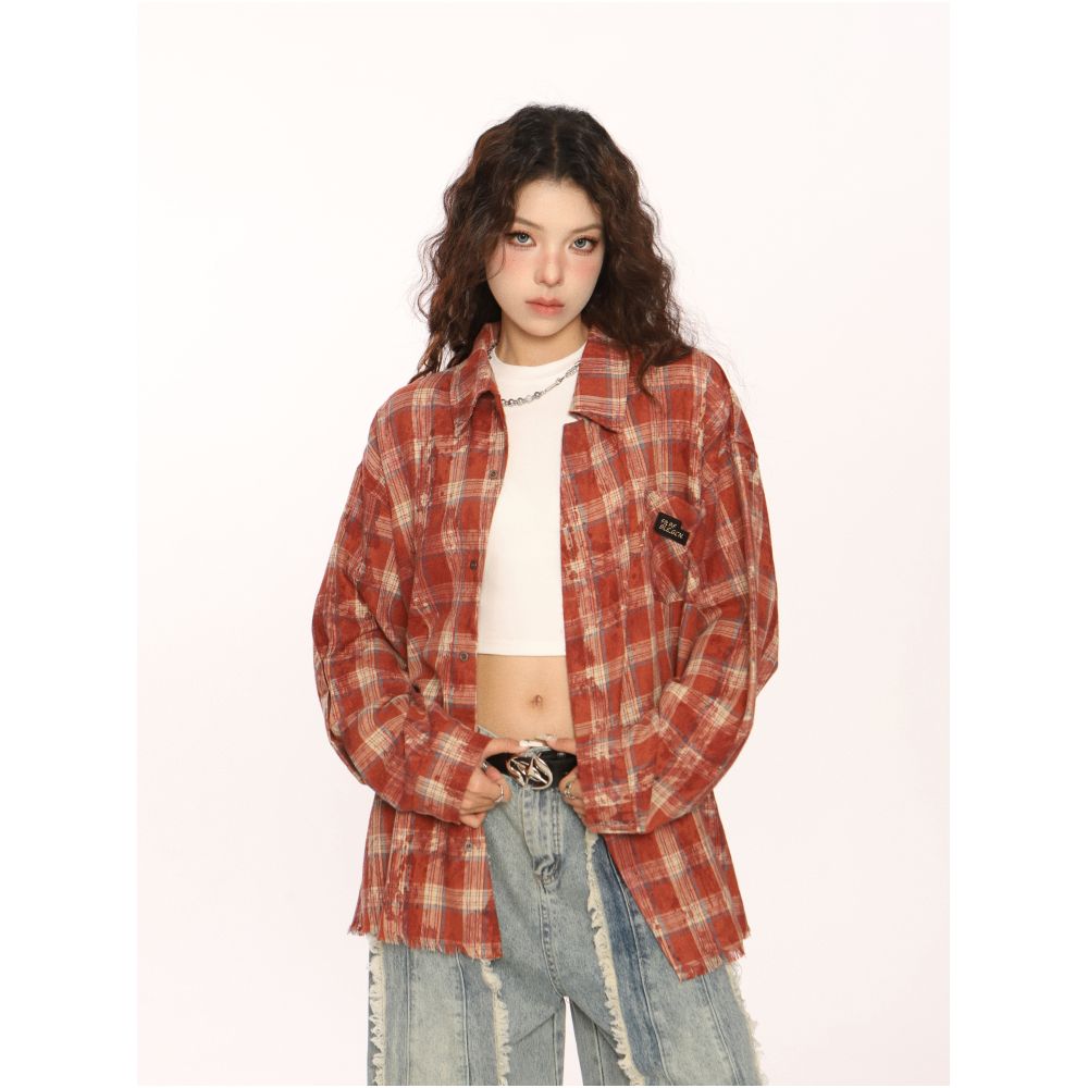 BIGGOLD American retro checkered distressed edge shirt for men and women spring and autumn long sleeved casual couple shirt jacket image 11