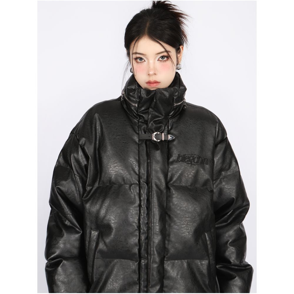 BIGGOLD American design zipper leather buckle cotton jacket PU leather bread jacket oversize couple cotton jacket image 2