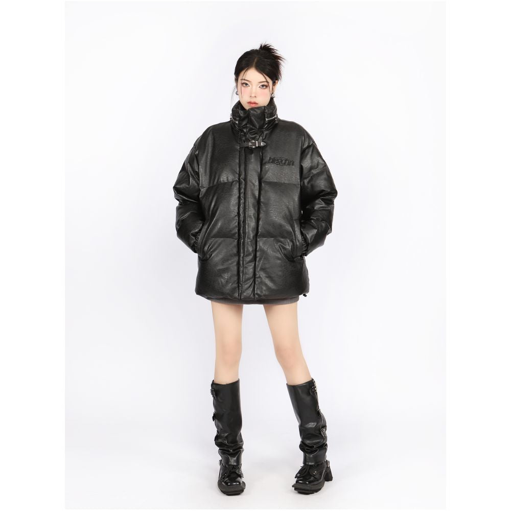 BIGGOLD American design zipper leather buckle cotton jacket PU leather bread jacket oversize couple cotton jacket image 3