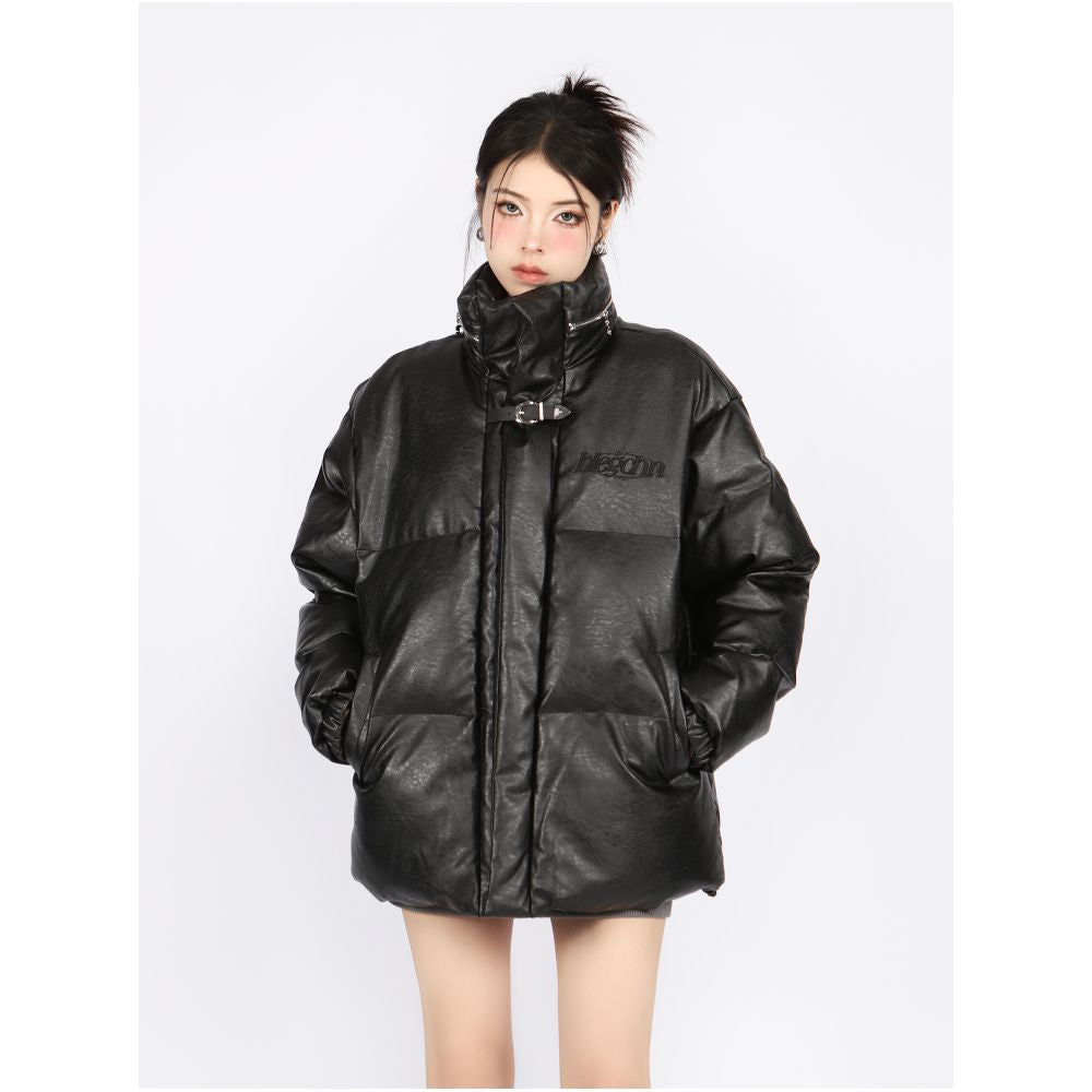 BIGGOLD American design zipper leather buckle cotton jacket PU leather bread jacket oversize couple cotton jacket image 6