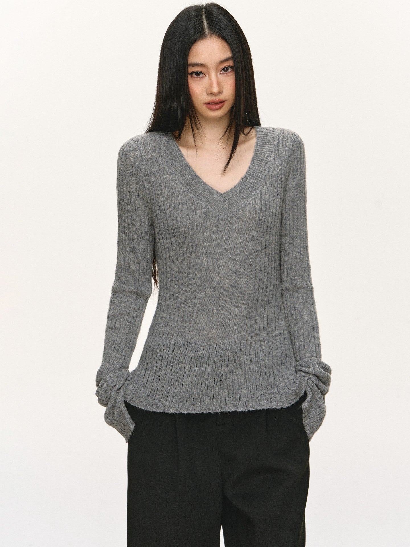 Anna Aneae black V-neck sweater base layer for women, autumn/winter soft and slimming pullover knit top