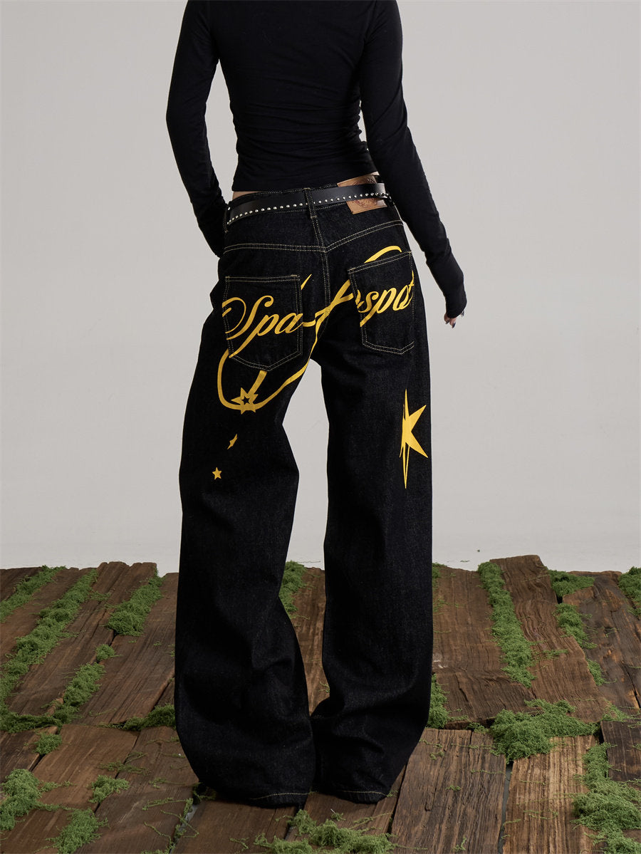 Women’s Black Graphic Wide-Leg Jeans