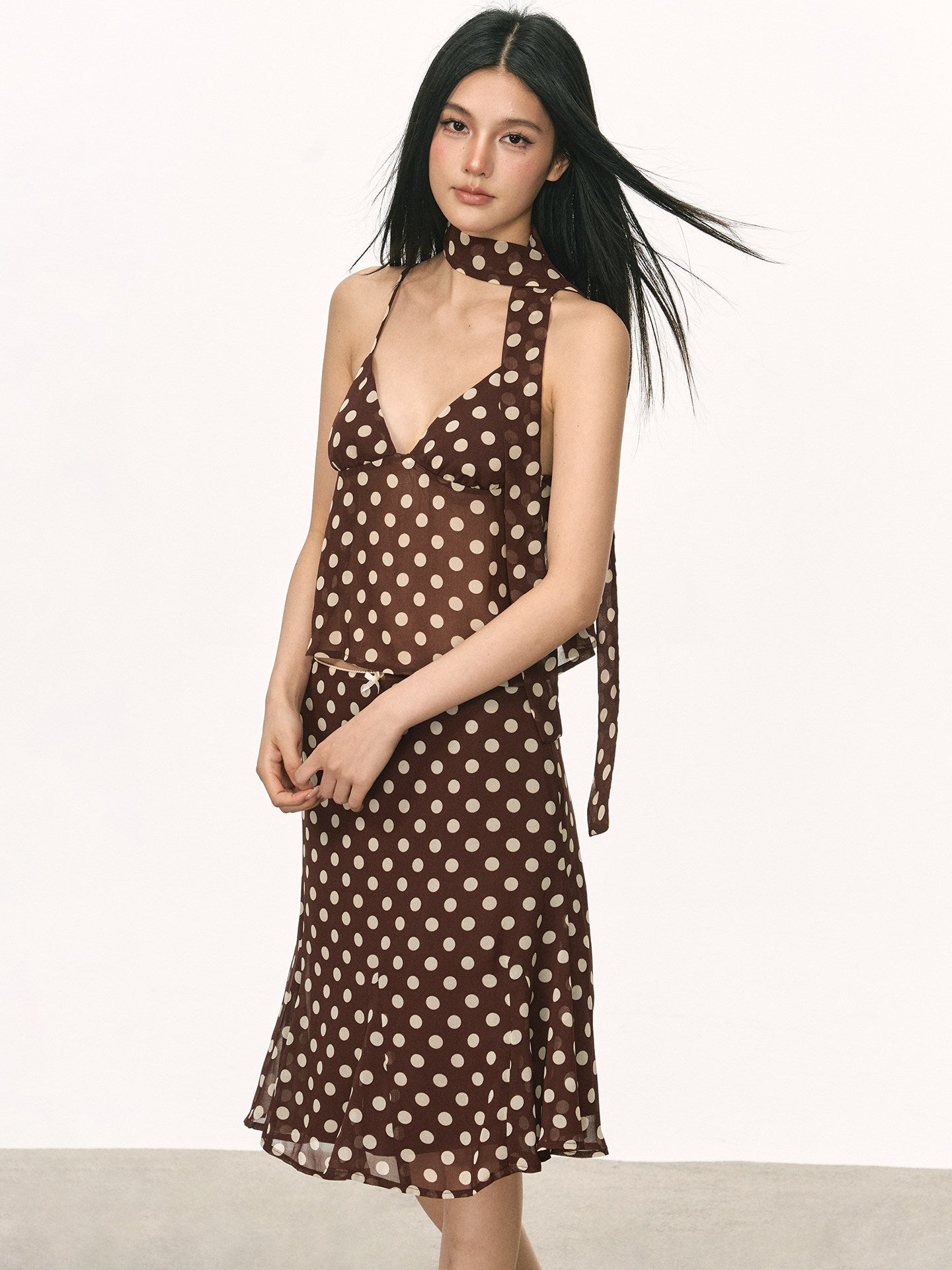 VEYBE Bow Polka Dot Camisole Women's Summer New Slim A-Line Skirt Set