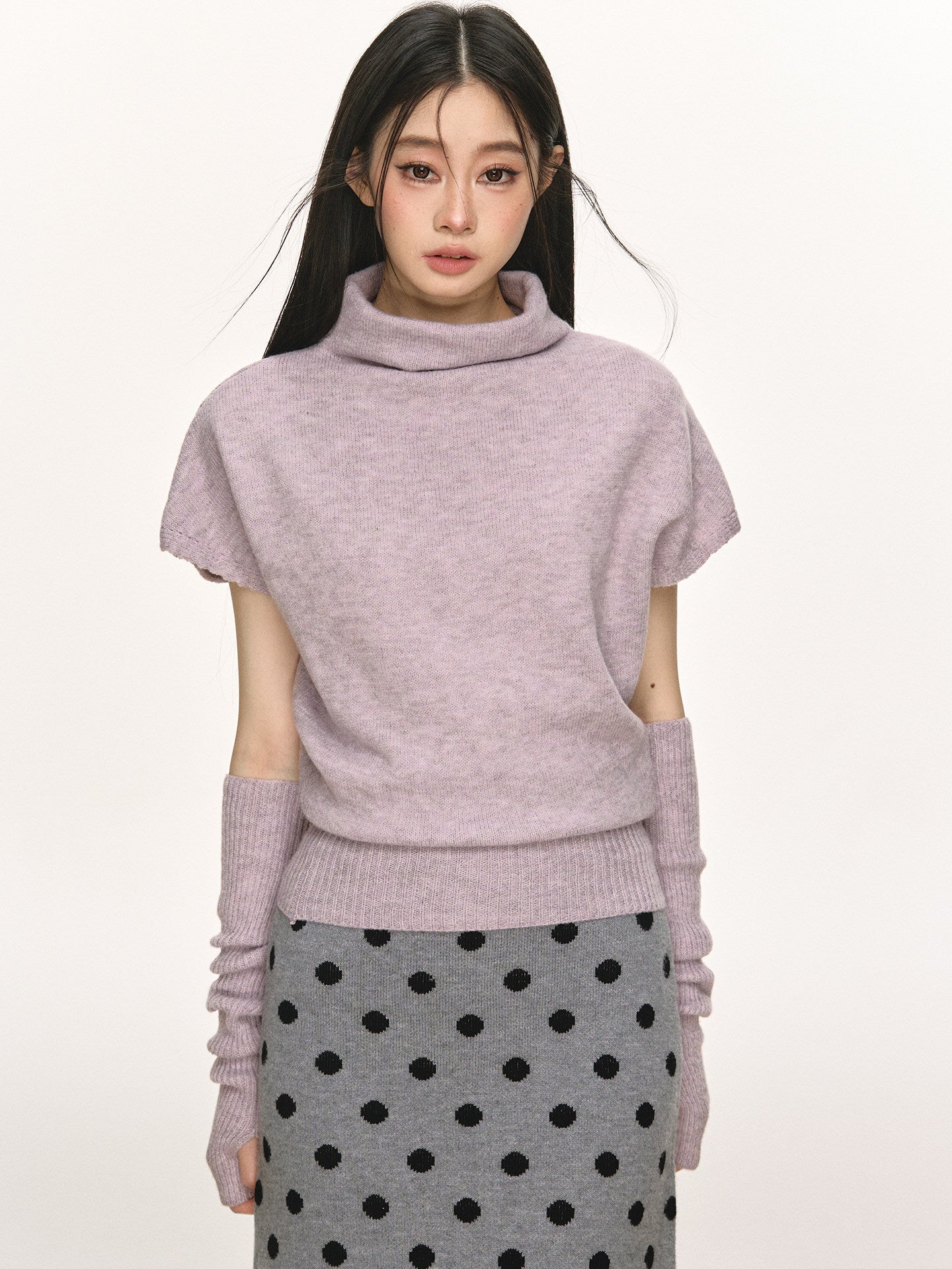 Mid-High Neck Layered Sleeve Knit Top