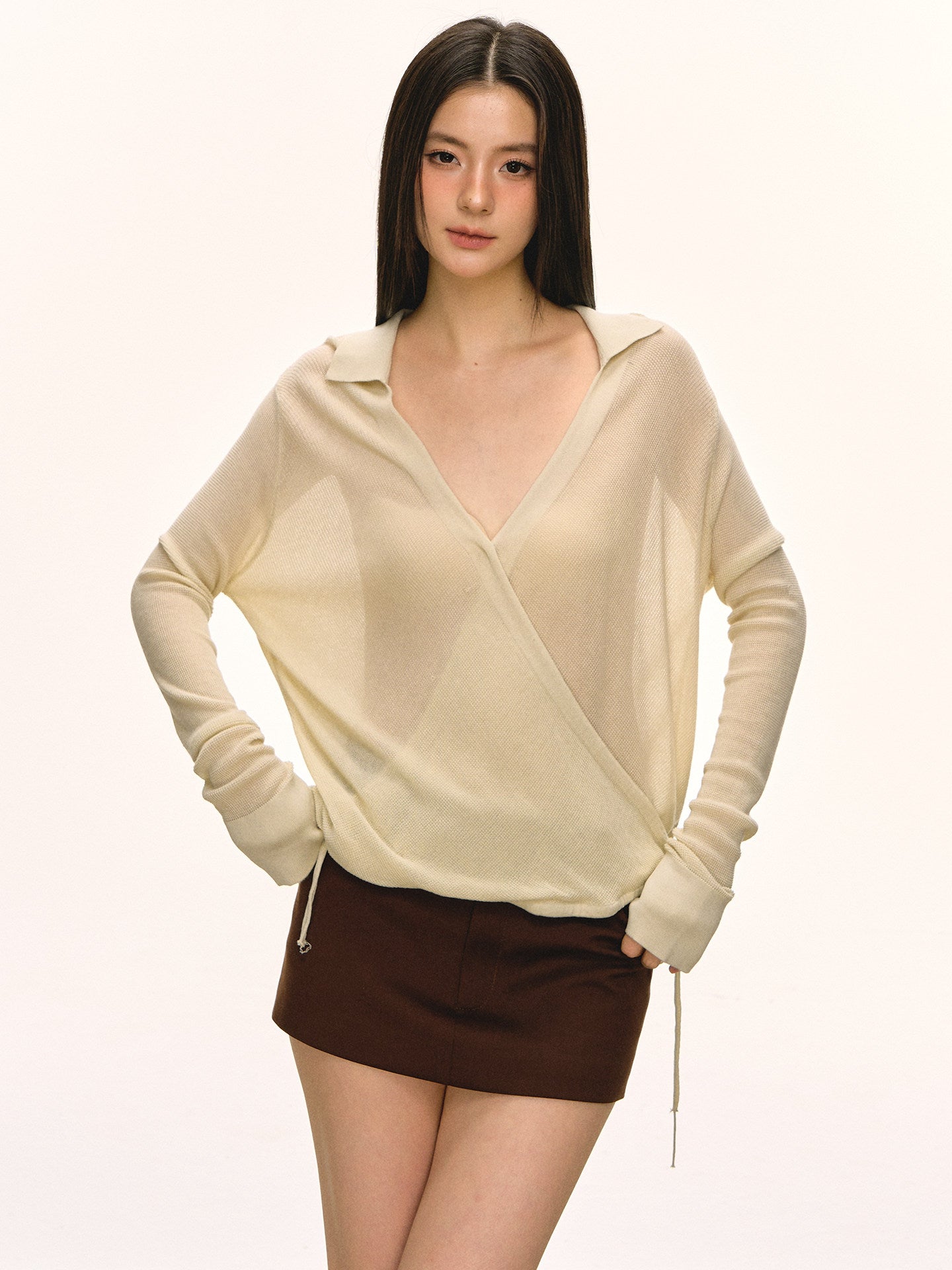 Anna Aneae 100 Tencel Sun Protection Cover-Up for Women, Spring, Autumn, Hot Girl, Unique Light Yellow V-neck Long-Sleeve T-Shirt