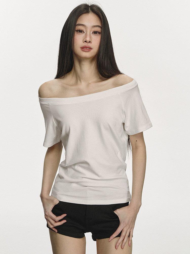 VEYBE slanted shoulders off-the-shoulder t-shirt women's loose casual simple lazy pullover one-shoulder temperament top tide