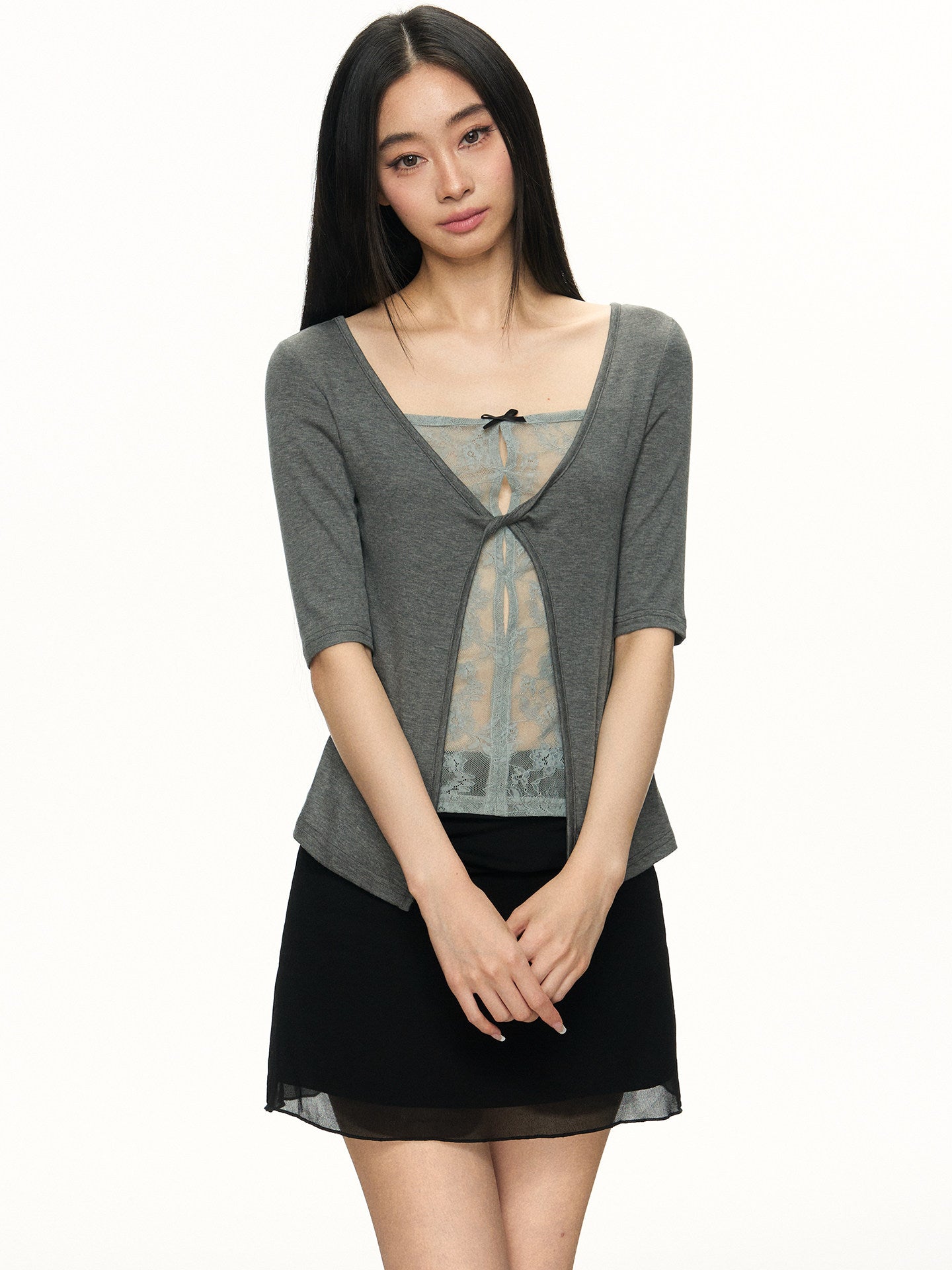 Lace Patchwork Faux Two-Piece Cardigan