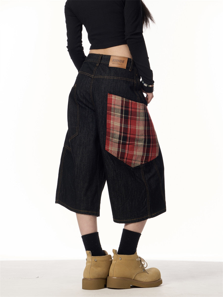 Women’s Plaid Patchwork Curved Jeans