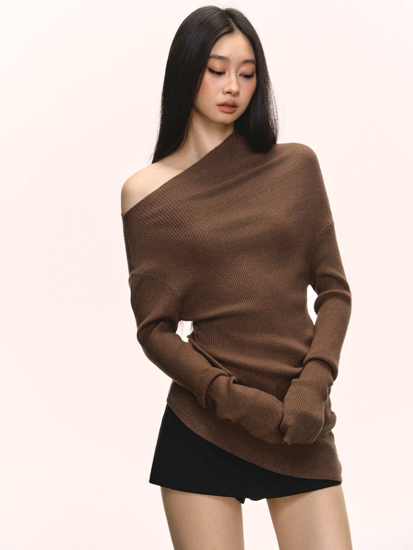 Dark Gray One-Shoulder Turtleneck Sweater