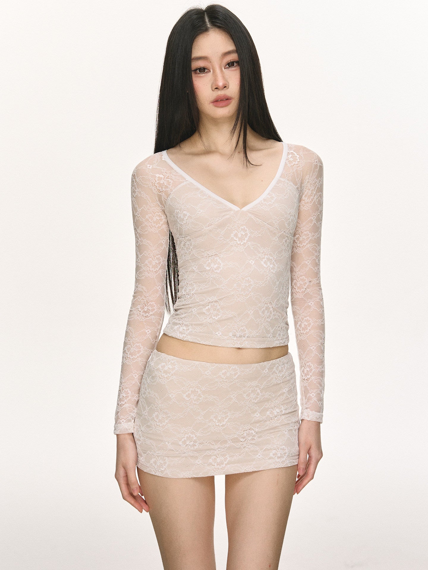 Anna Aneae solid color V-neck lace top, long-sleeve women's spring pure and alluring hot girl, slim short skirt, sexy two-piece set