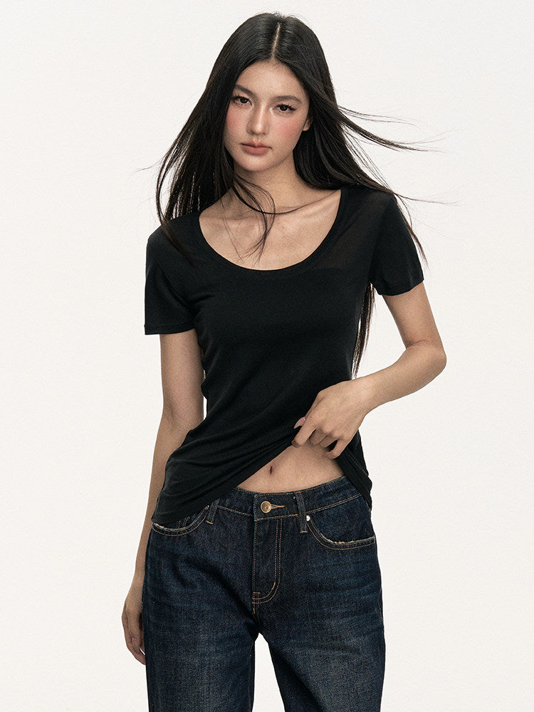 VEYBE scoop neck tencel sheer short sleeve t-shirt women's summer casual lazy and versatile knit top