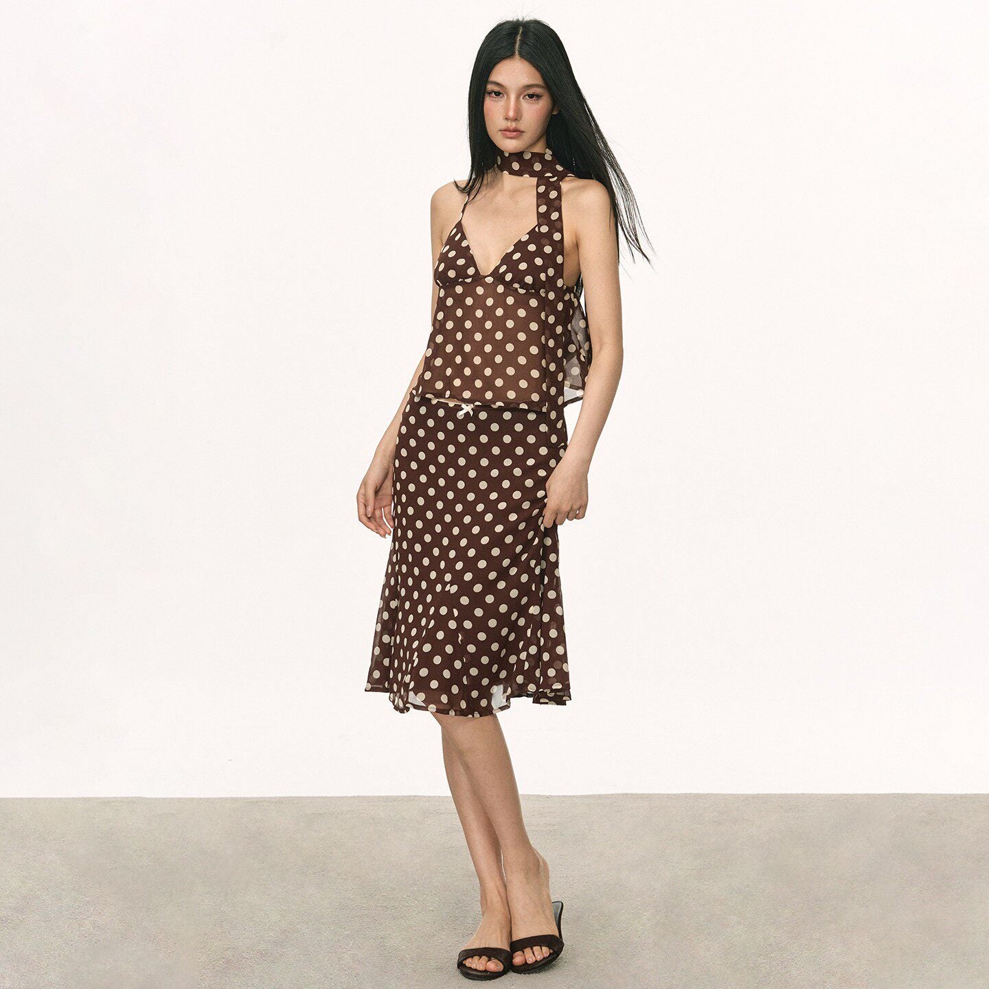 VEYBE Bow Polka Dot Camisole Women's Summer New Slim A-Line Skirt Set
