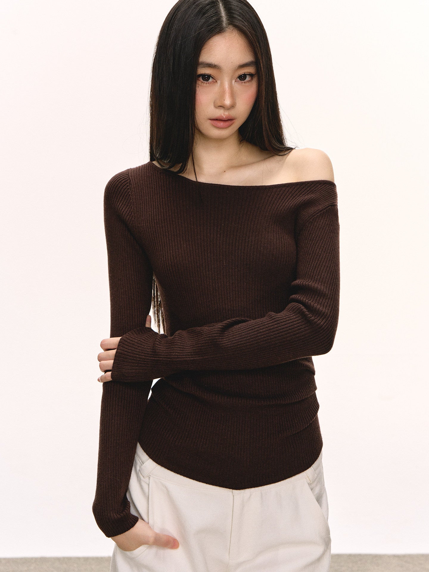 Brown Knit Long-Sleeve Top