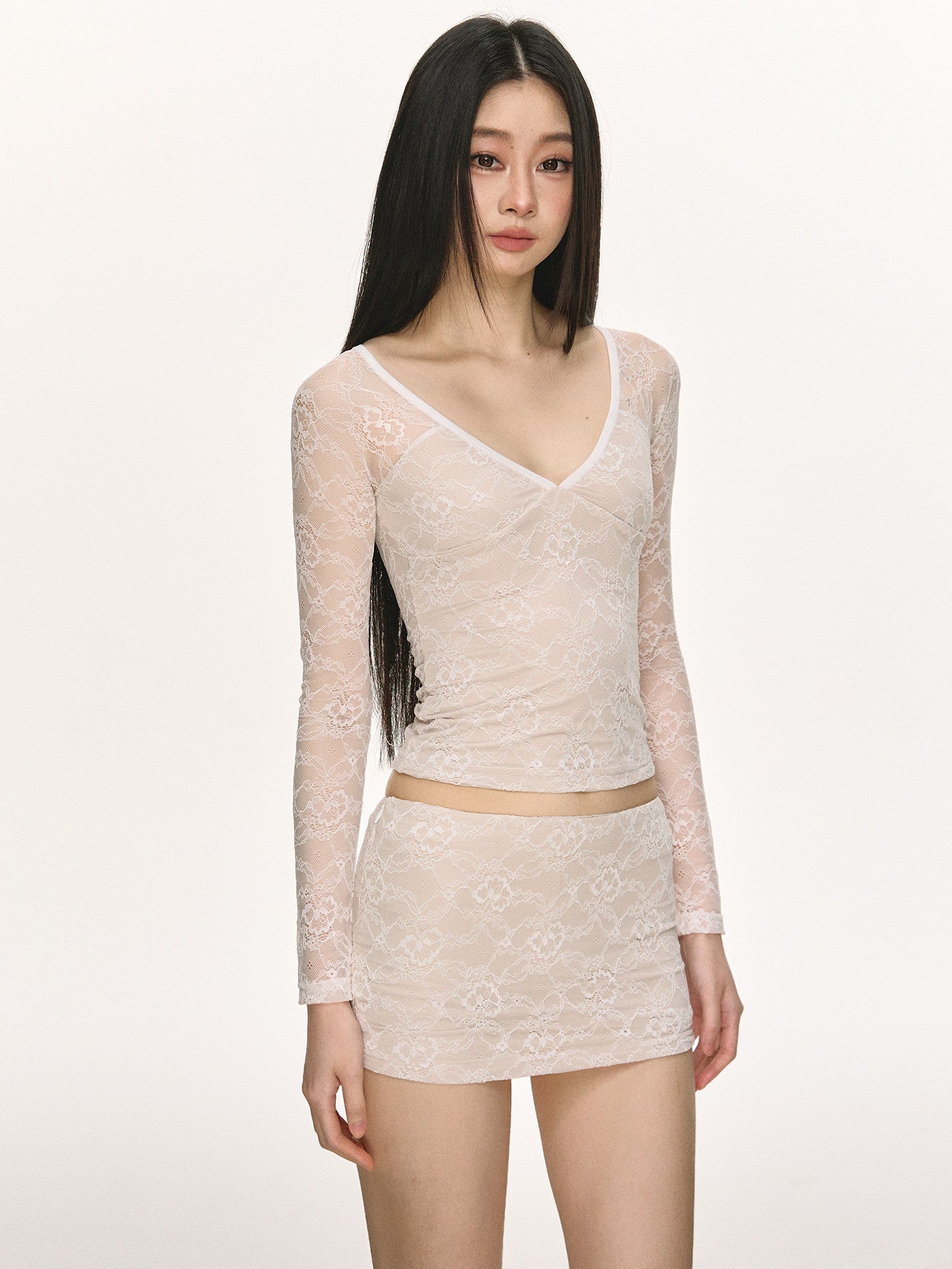 Anna Aneae solid color V-neck lace top, long-sleeve women's spring pure and alluring hot girl, slim short skirt, sexy two-piece set