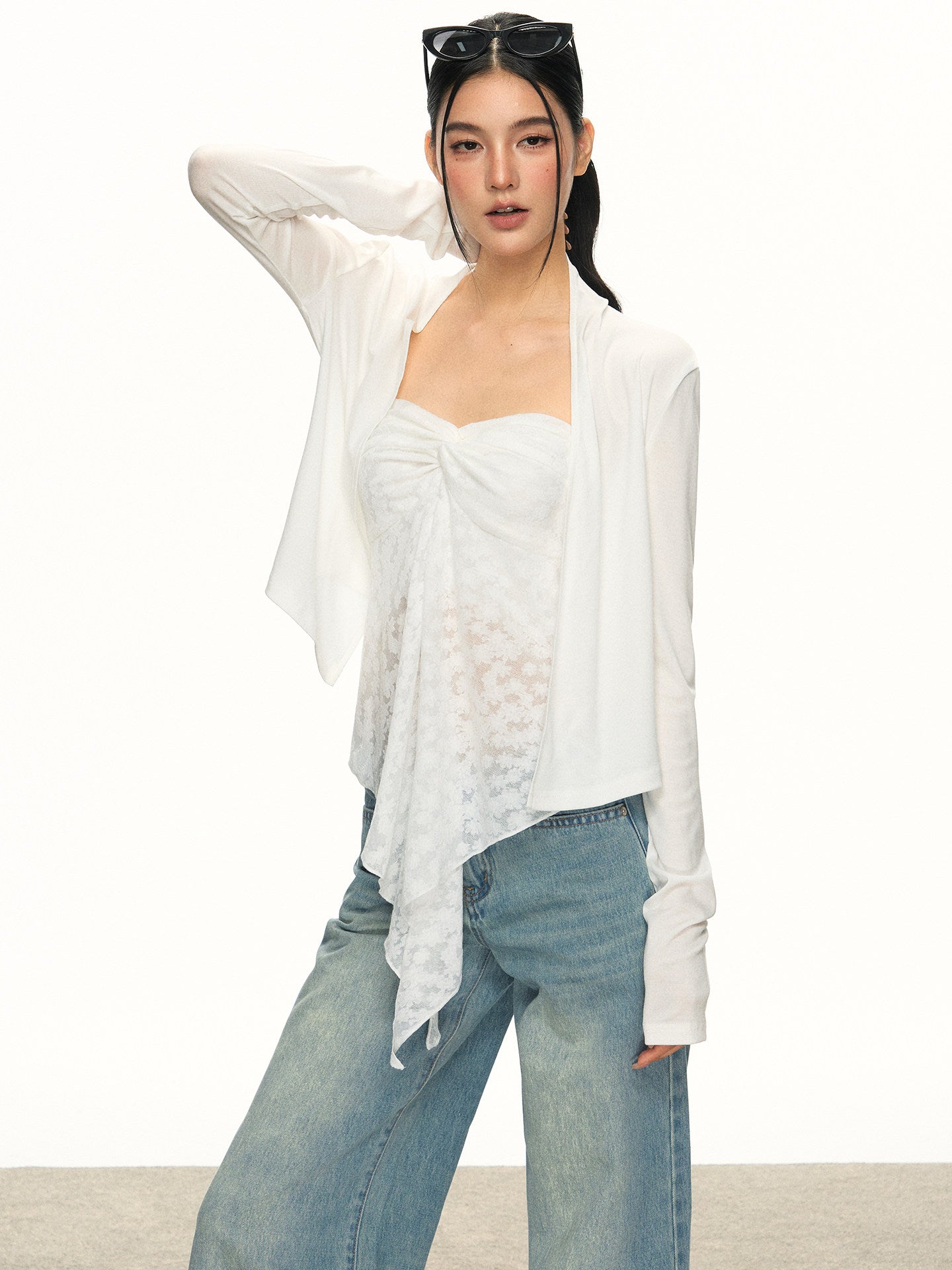 Anna Aneae Tencel Floral Twisted Strapless Cardigan Two-Piece Set, Women's Summer Pure Desire Irregular Hem Set