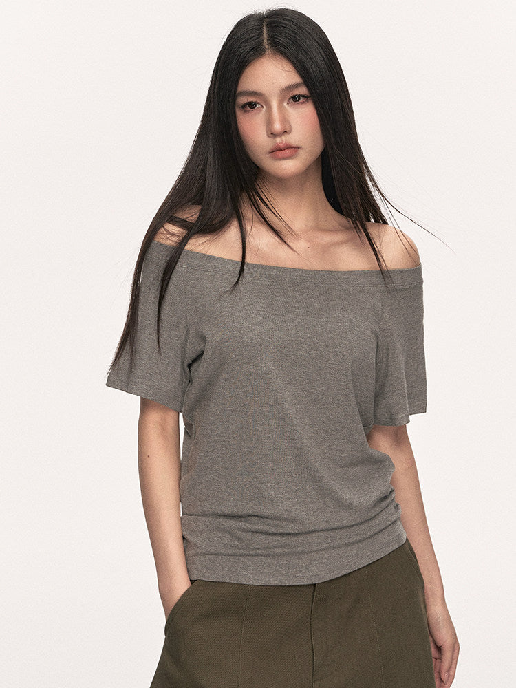 VEYBE slanted shoulders off-the-shoulder t-shirt women's loose casual simple lazy pullover one-shoulder temperament top tide