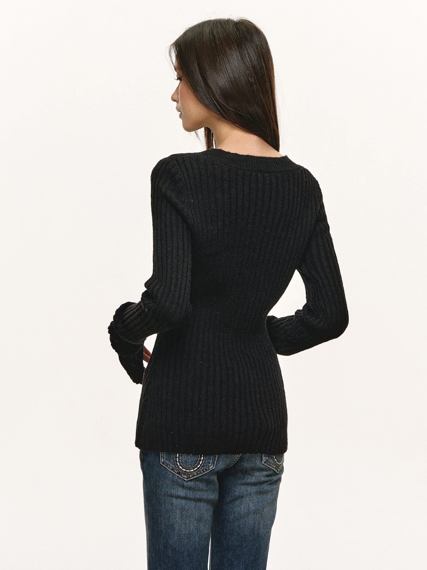 Anna Aneae black V-neck sweater base layer for women, autumn/winter soft and slimming pullover knit top