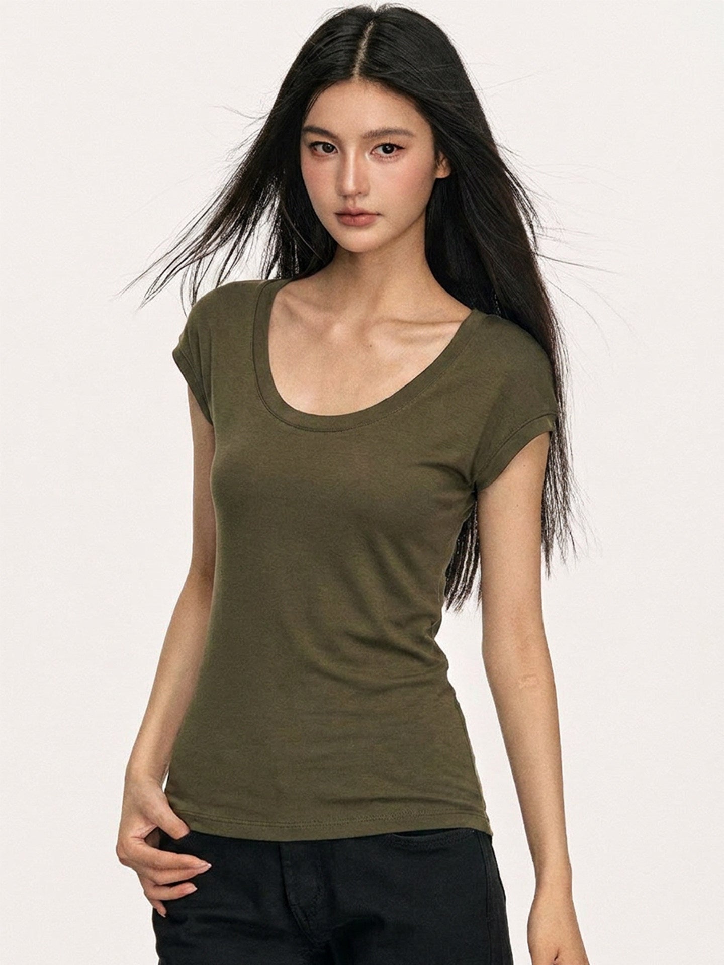 Green Tencel U-Neck Cropped T-Shirt