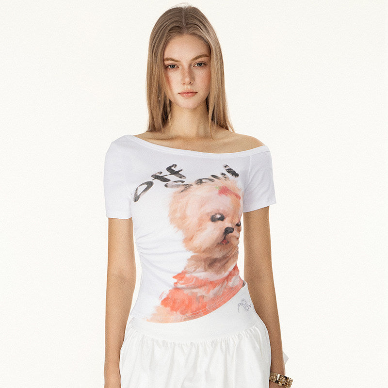 VEYBE American Babes Hand-Painted Cartoon Childlike Puppy Print Slanted Shoulder Short Sleeve T Female Summer Waist Top Tide