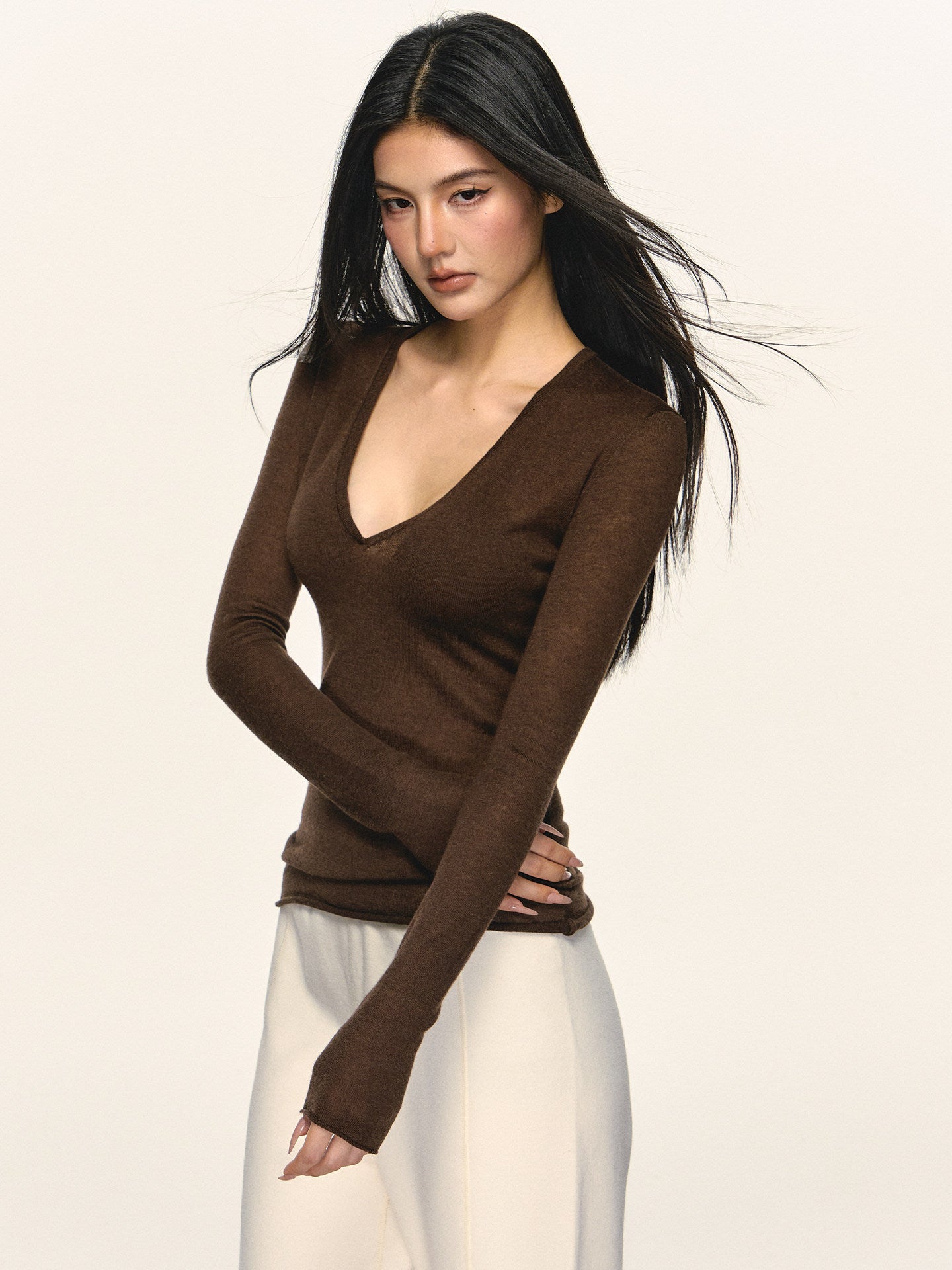 Brown V-Neck Long-Sleeve Top