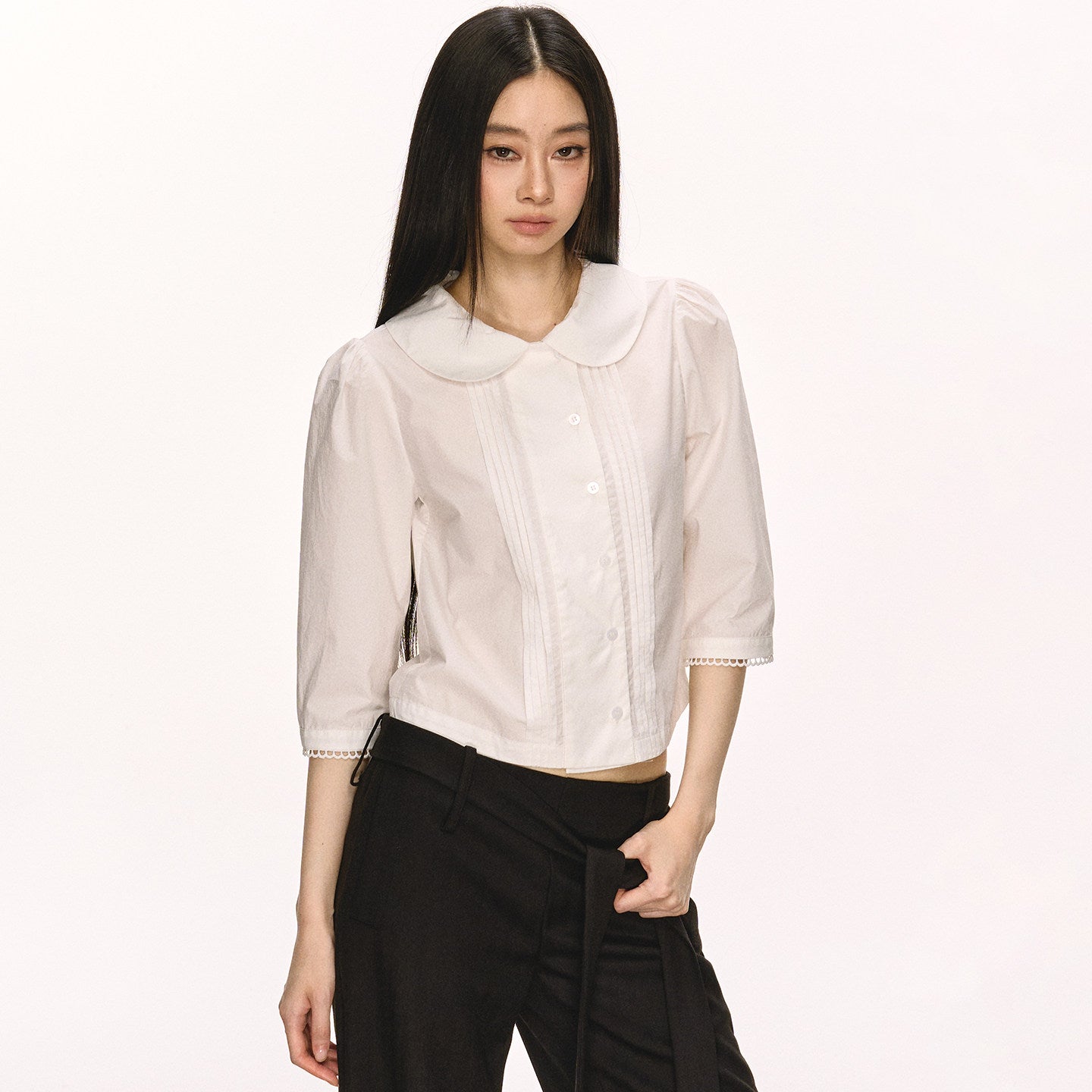 White Doll-Collar Pleated Shirt
