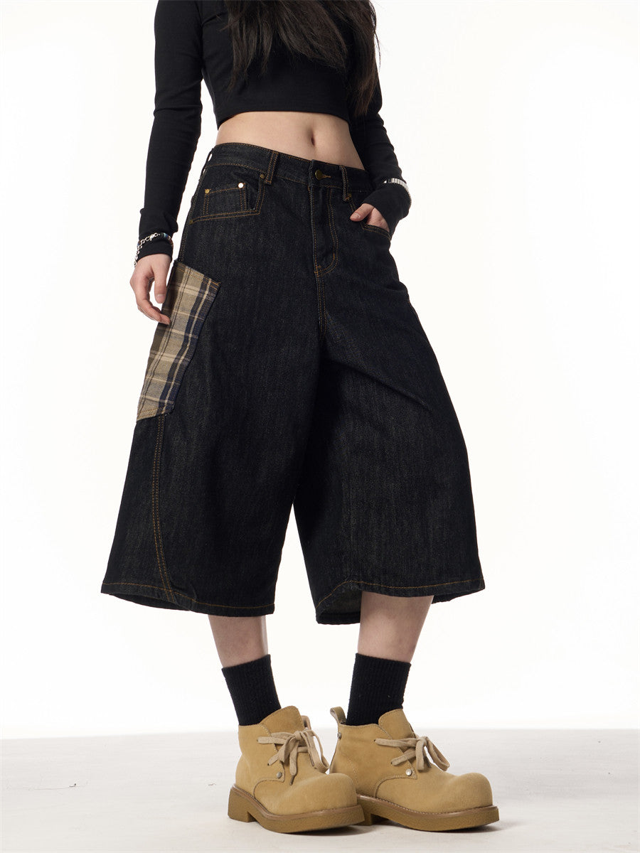 Women’s Plaid Patchwork Curved Jeans