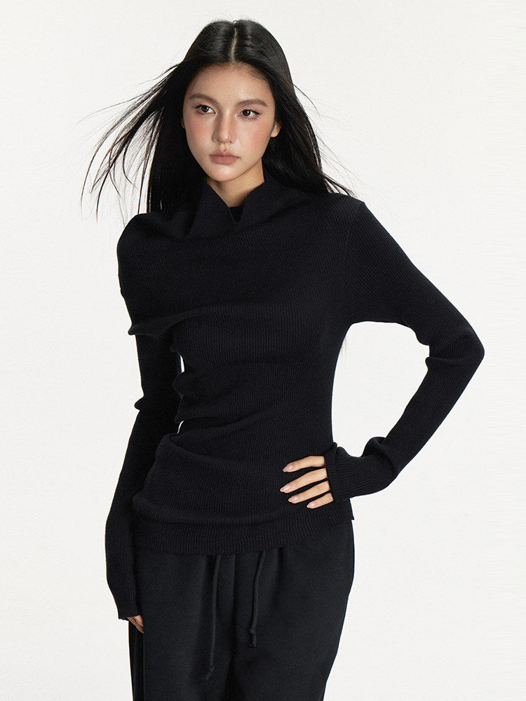 Dark Gray One-Shoulder Turtleneck Sweater