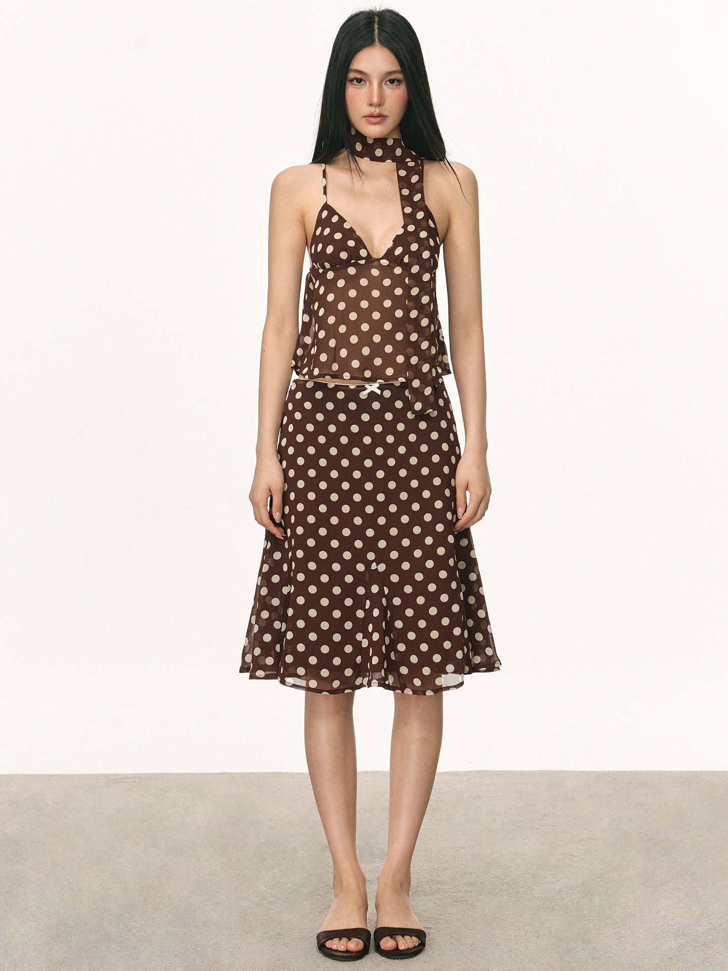 VEYBE Bow Polka Dot Camisole Women's Summer New Slim A-Line Skirt Set