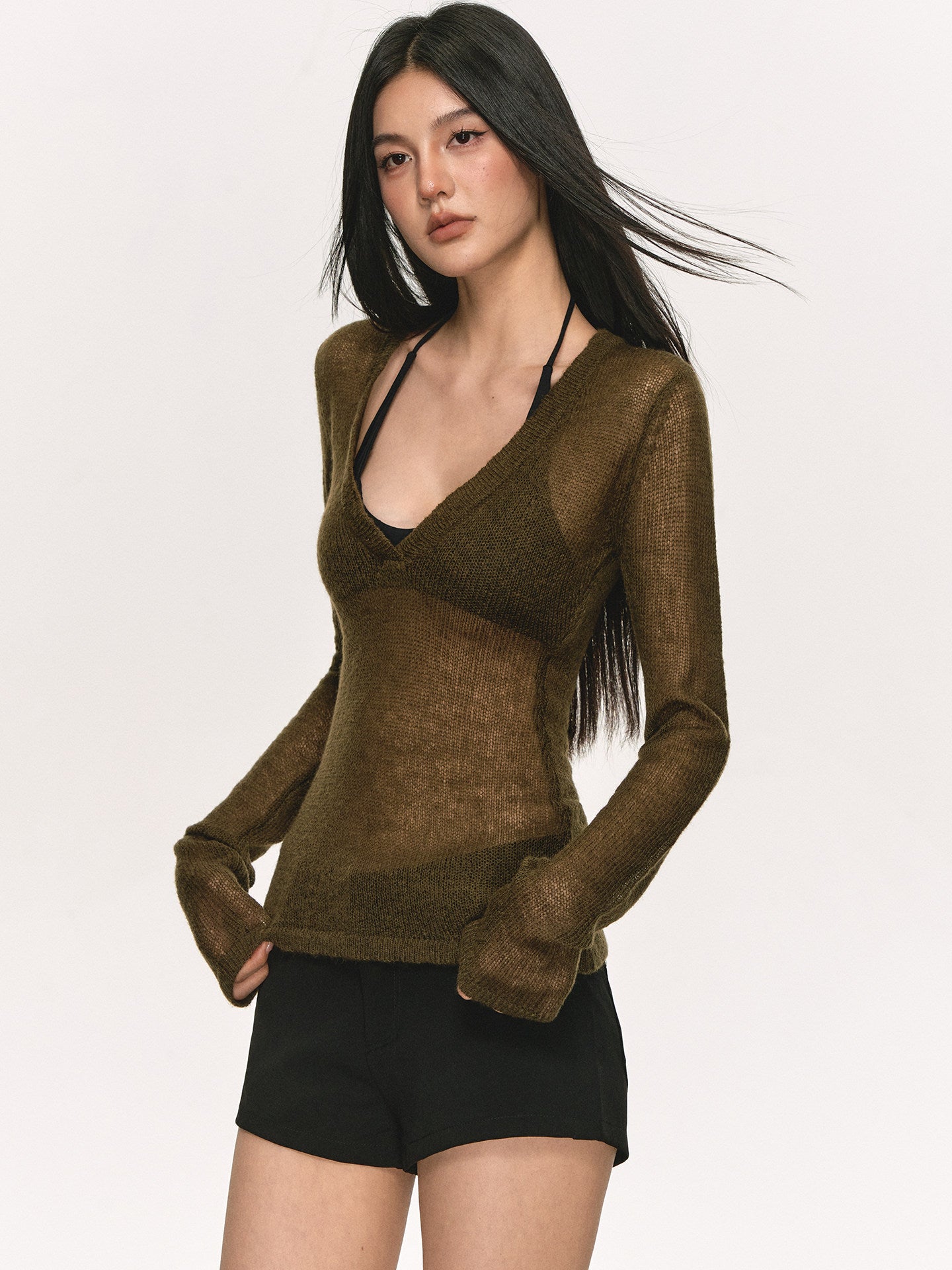 VEYBE deep V-neck knit long-sleeve cover-up top for women, summer thin slightly sheer waist-cinching slimming sun-protective top
