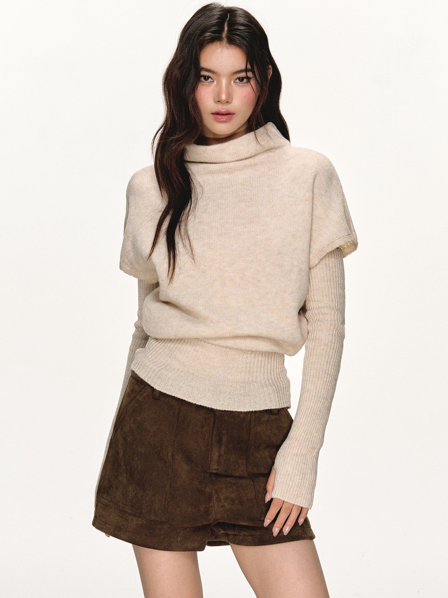 Mid-High Neck Layered Sleeve Knit Top