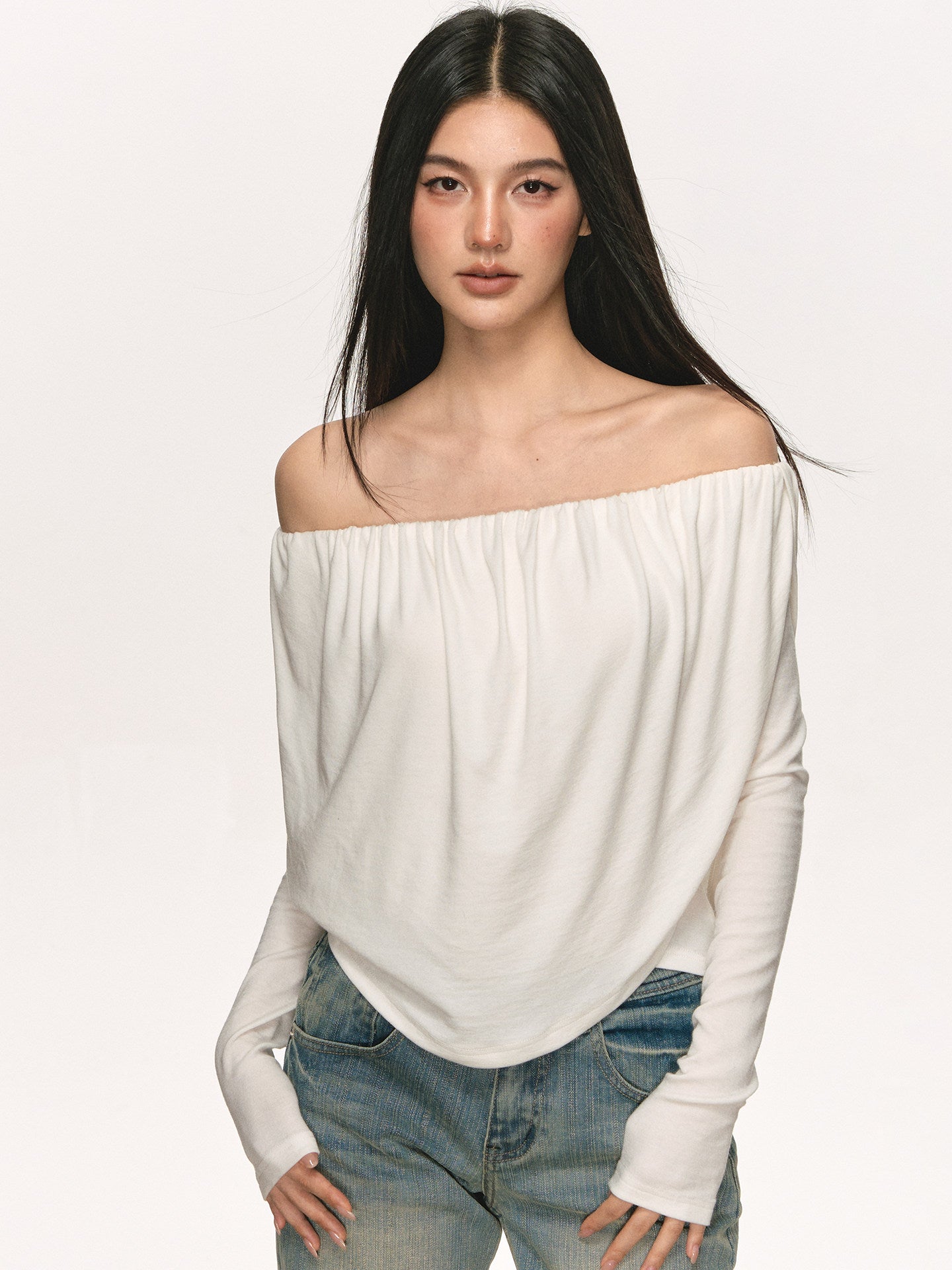Off-Shoulder Draped Pleated Tencel-Wool Top